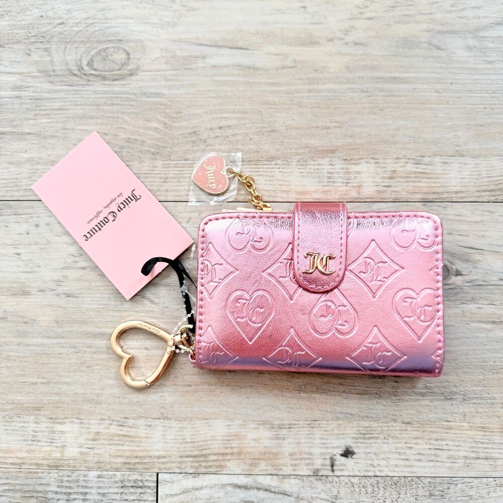 Juicy Couture Good Times Times Tab Card Wallet Pink Metallic Keychain NWT Y2K